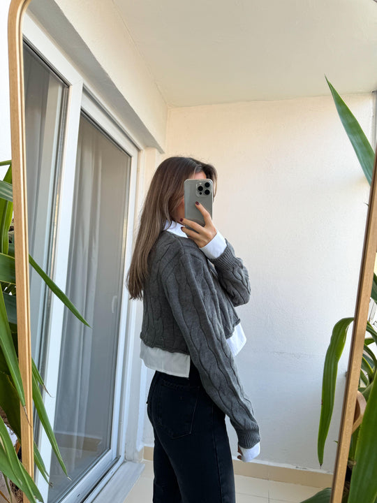 23741 Shirt Detailed Braided Sweater-Grey