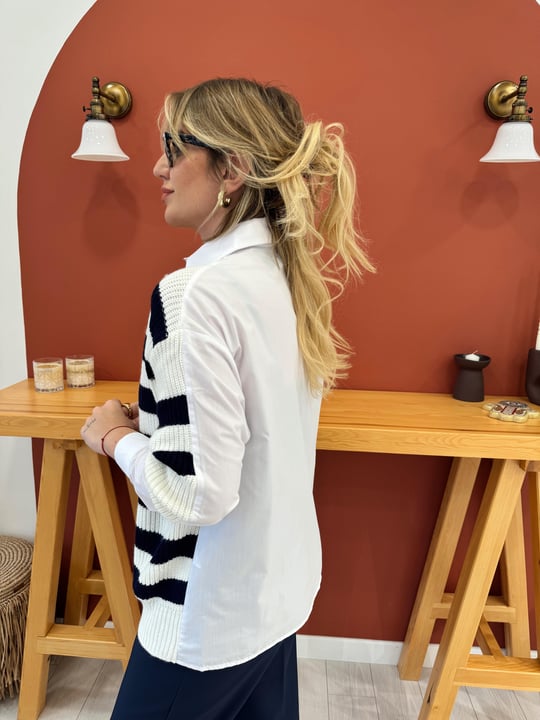 23622 Navy Blue Striped Poplin Detailed Shirt Knitwear
