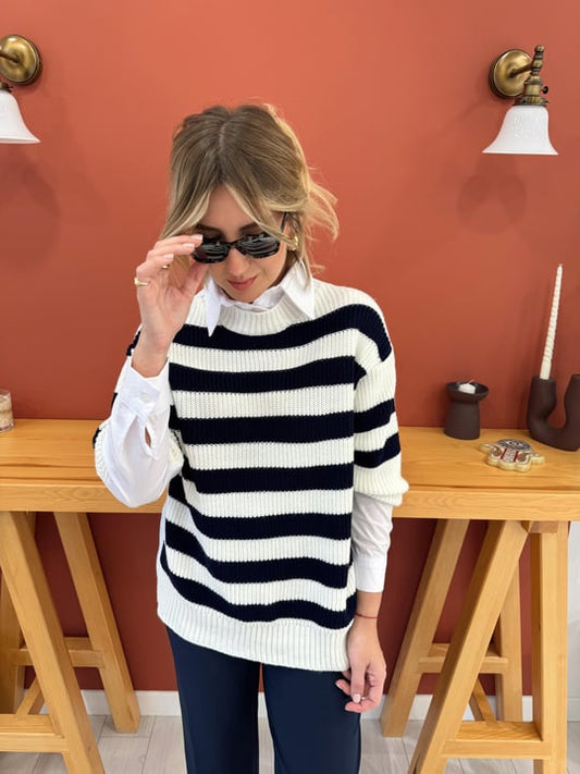 23622 Navy Blue Striped Poplin Detailed Shirt Knitwear