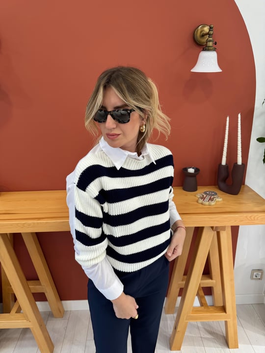 23622 Navy Blue Striped Poplin Detailed Shirt Knitwear