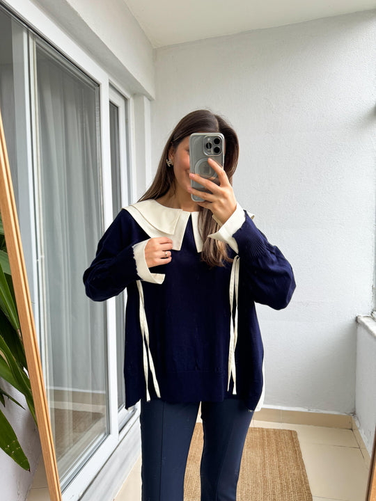 23745 Navy Blue Collar Knitwear