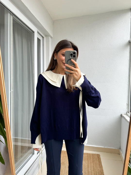 23745 Navy Blue Collar Knitwear