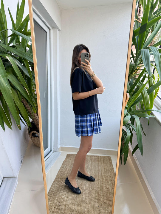 34068 Black Dress with Blue Check Skirt Detail
