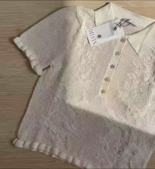 10529 Polo Neck Openwork Buttoned Knitwear Blouse