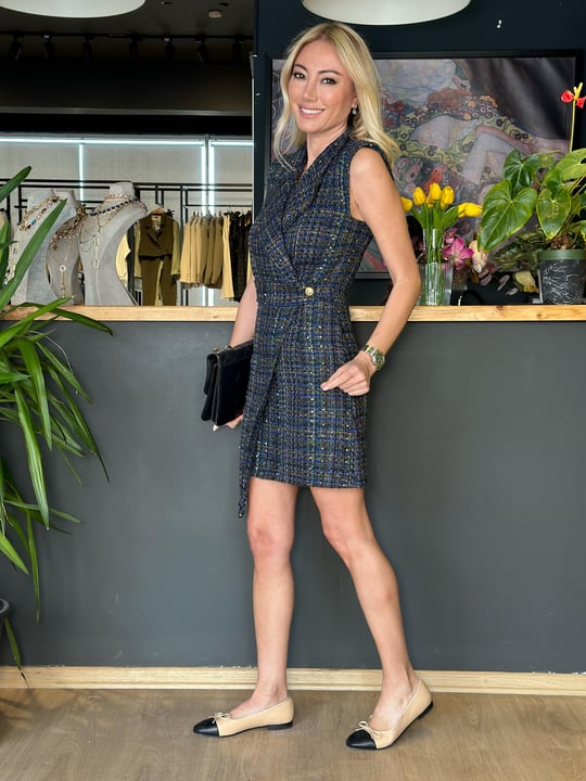 34182 Colorful Tweed Collar Double Breasted Dress