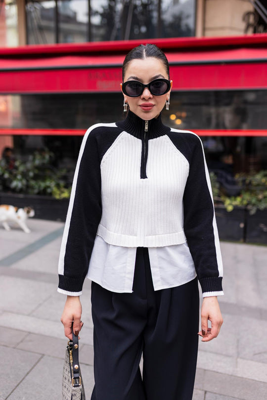 3661 Black-White Half Zipper Shirt Detailed Knitwear